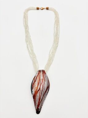 Murano Style Art Glass Pendant Necklace White Seed Bead Statement Necklace